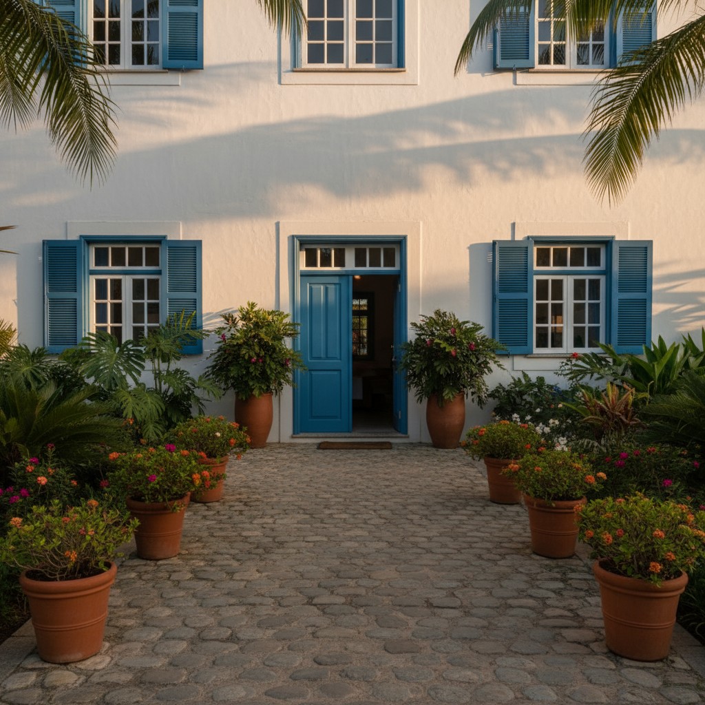 Casa branca com janelas azuis e flores na entrada.