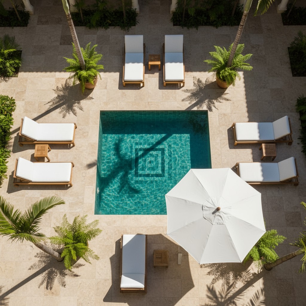 Piscina com vbrellas e lanchonetes.